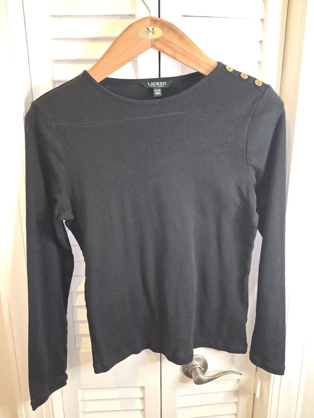 LAUREN Ralph Lauren Black Knit Long Sleeve Top XL Gold RLL Shoulder Buttons